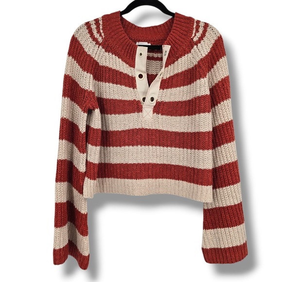 ee:some Sweaters - ee:some Los Angeles Striped Henley Sweater Rust Red Cream Bell Sleeve Small
